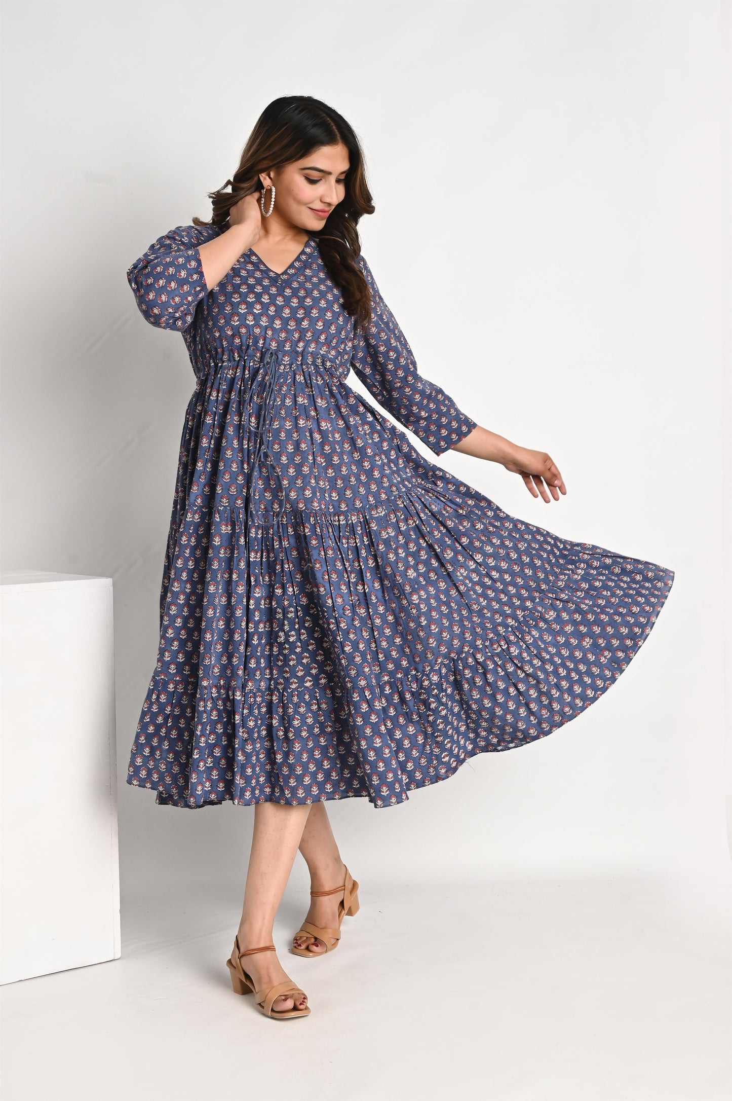 Indigo Blue Buti Printed Premium Cotton Tiered Dress