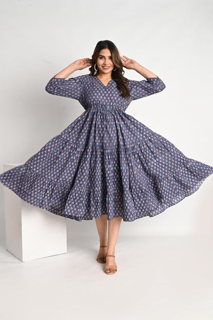 Indigo Blue Buti Printed Premium Cotton Tiered Dress