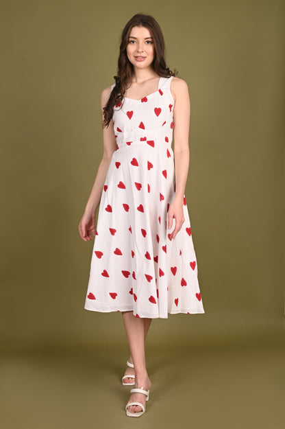 Red Heart Handblock Printed Premium Cotton Dress