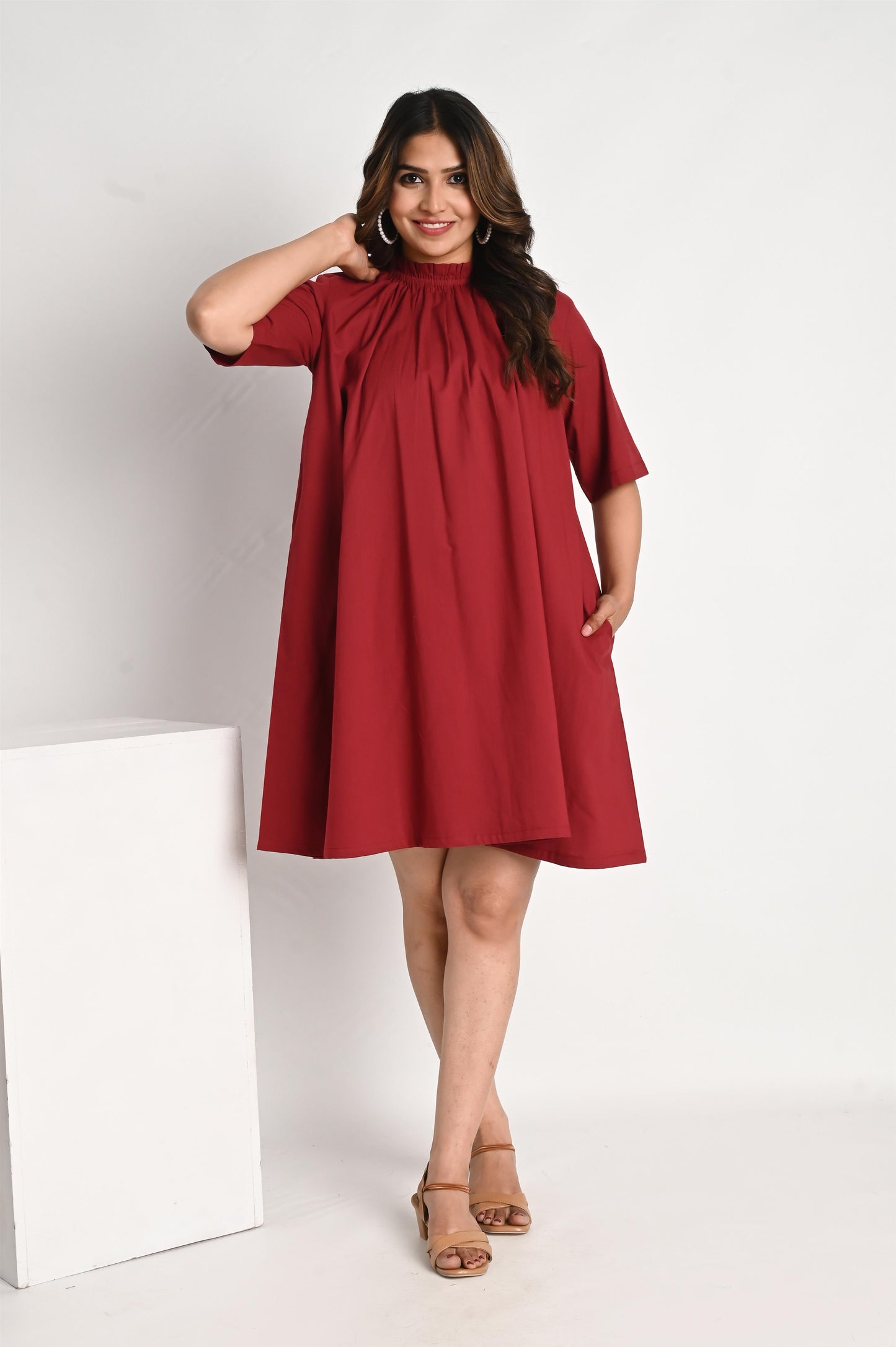 Maroon Pure Cotton Midi Dress