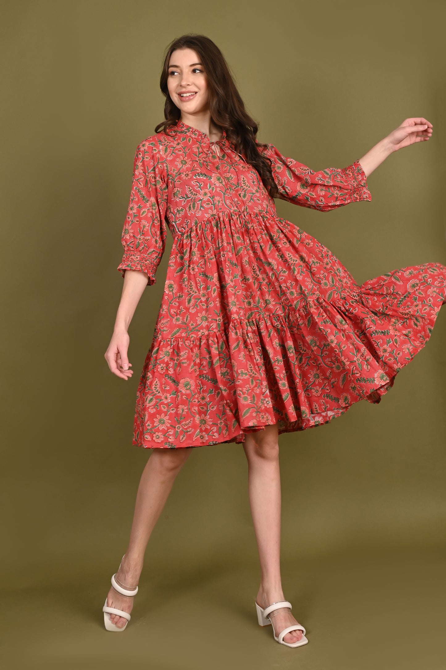 Brick Floral Print Pure Mulmul Handblock Printed Dress