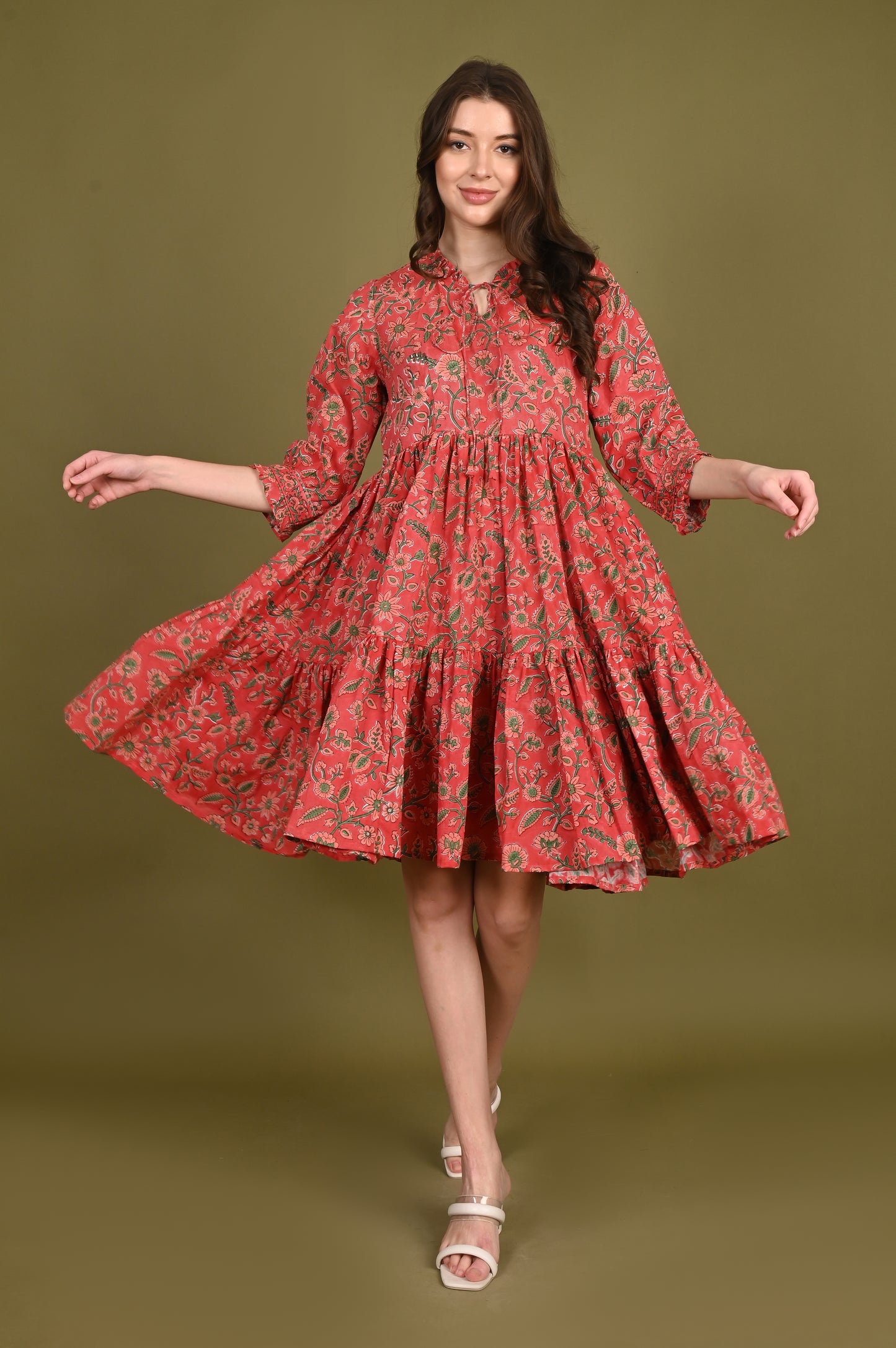 Brick Floral Print Pure Mulmul Handblock Printed Dress