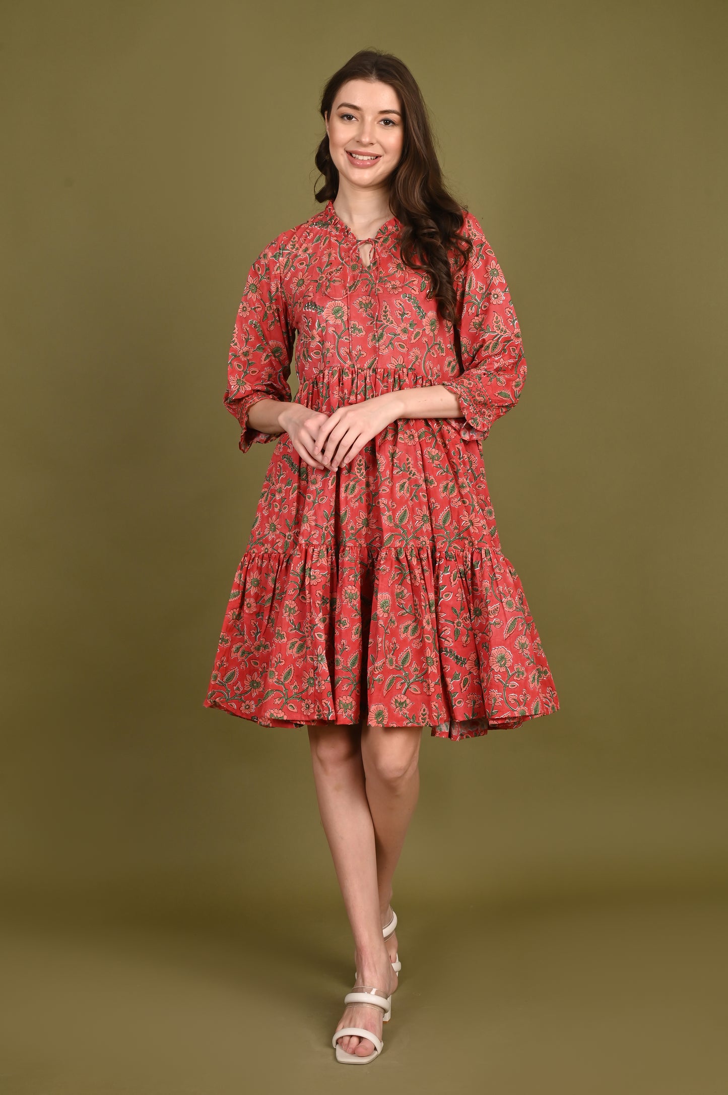 Brick Floral Print Pure Mulmul Handblock Printed Dress