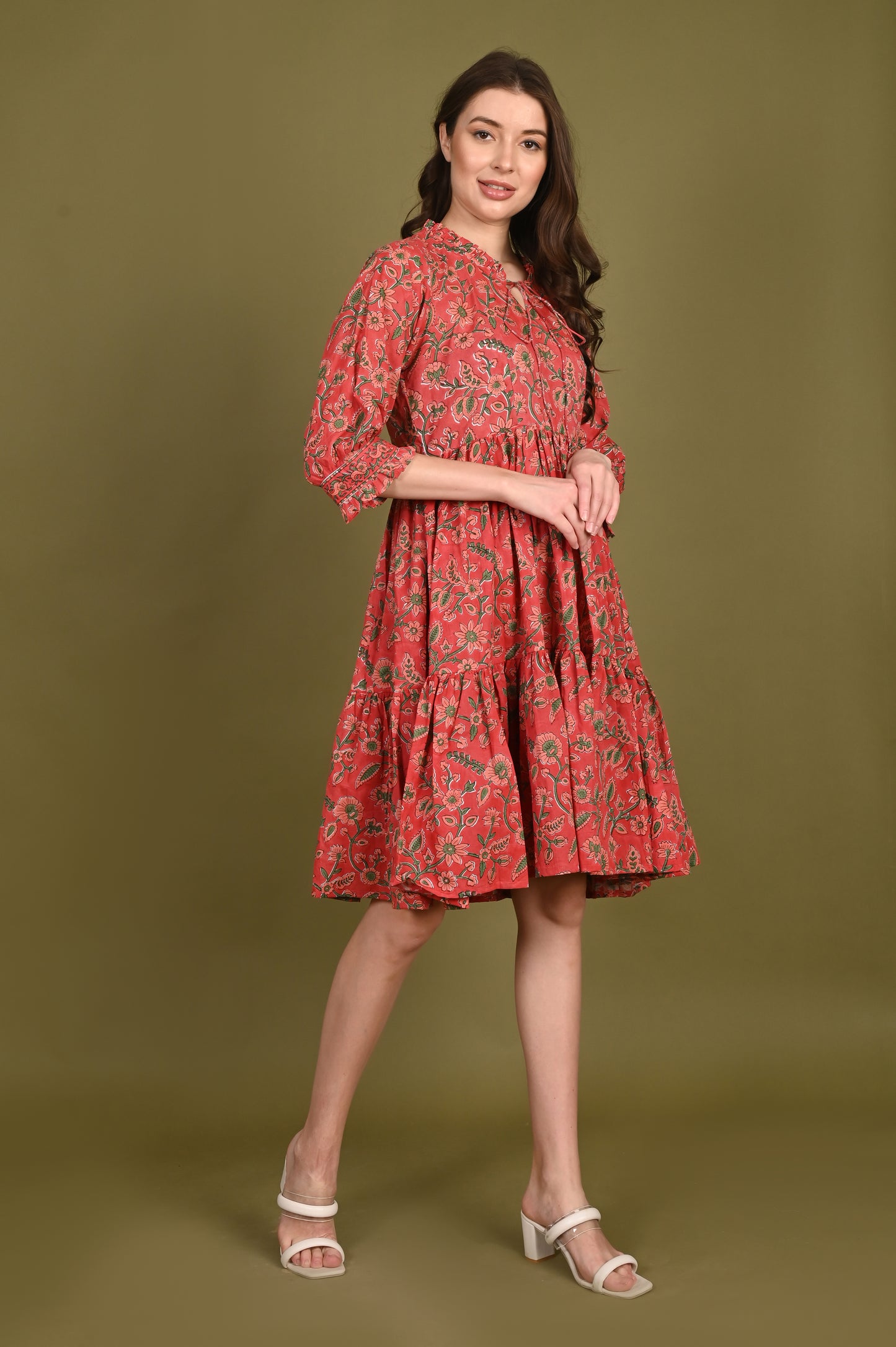 Brick Floral Print Pure Mulmul Handblock Printed Dress