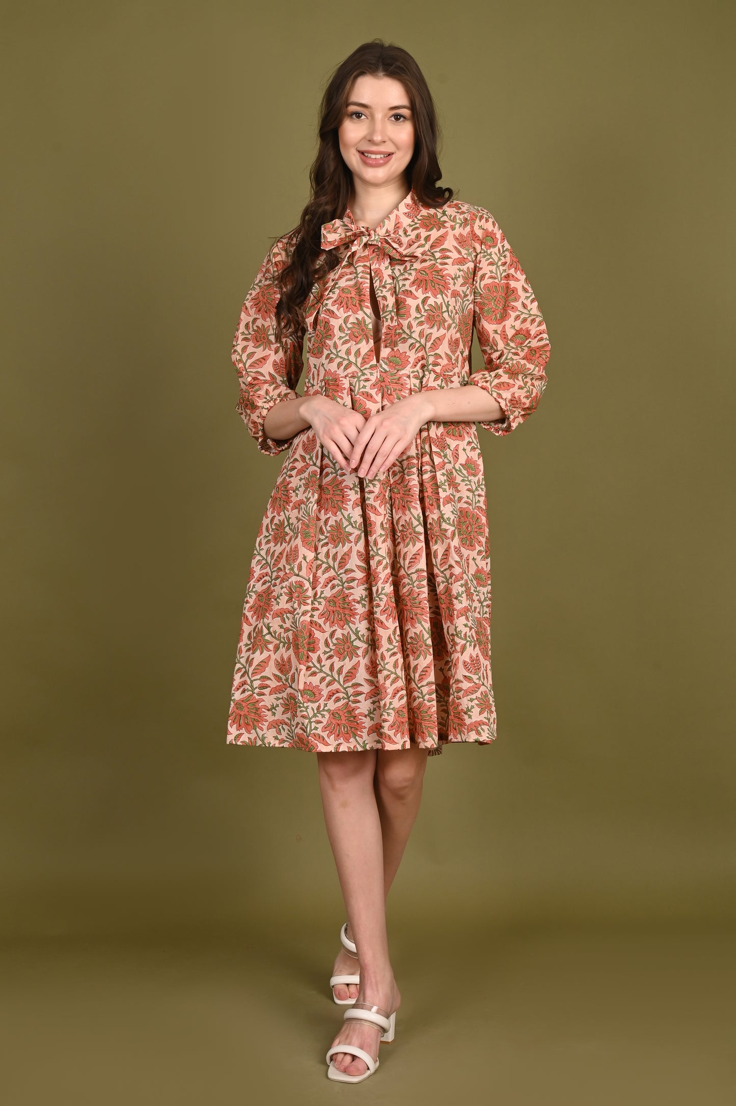 Peach Floral Handblock Print Mulmul Dress