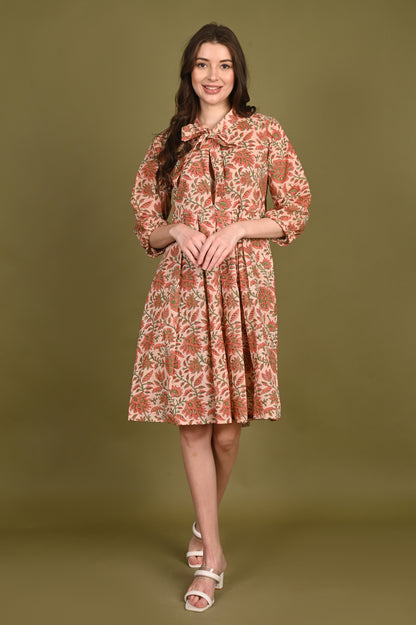 Peach Floral Handblock Print Mulmul Dress