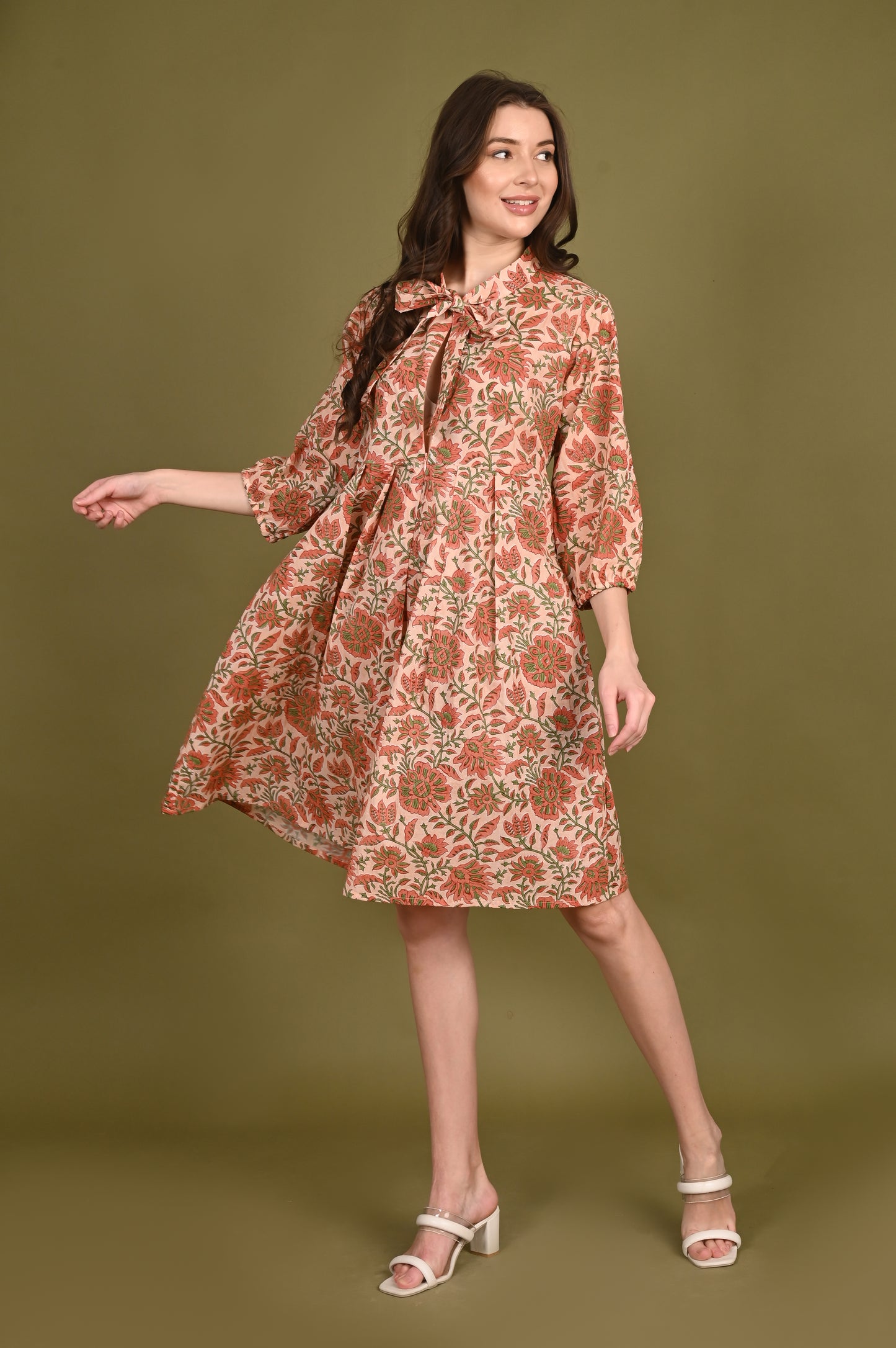 Peach Floral Handblock Print Mulmul Dress