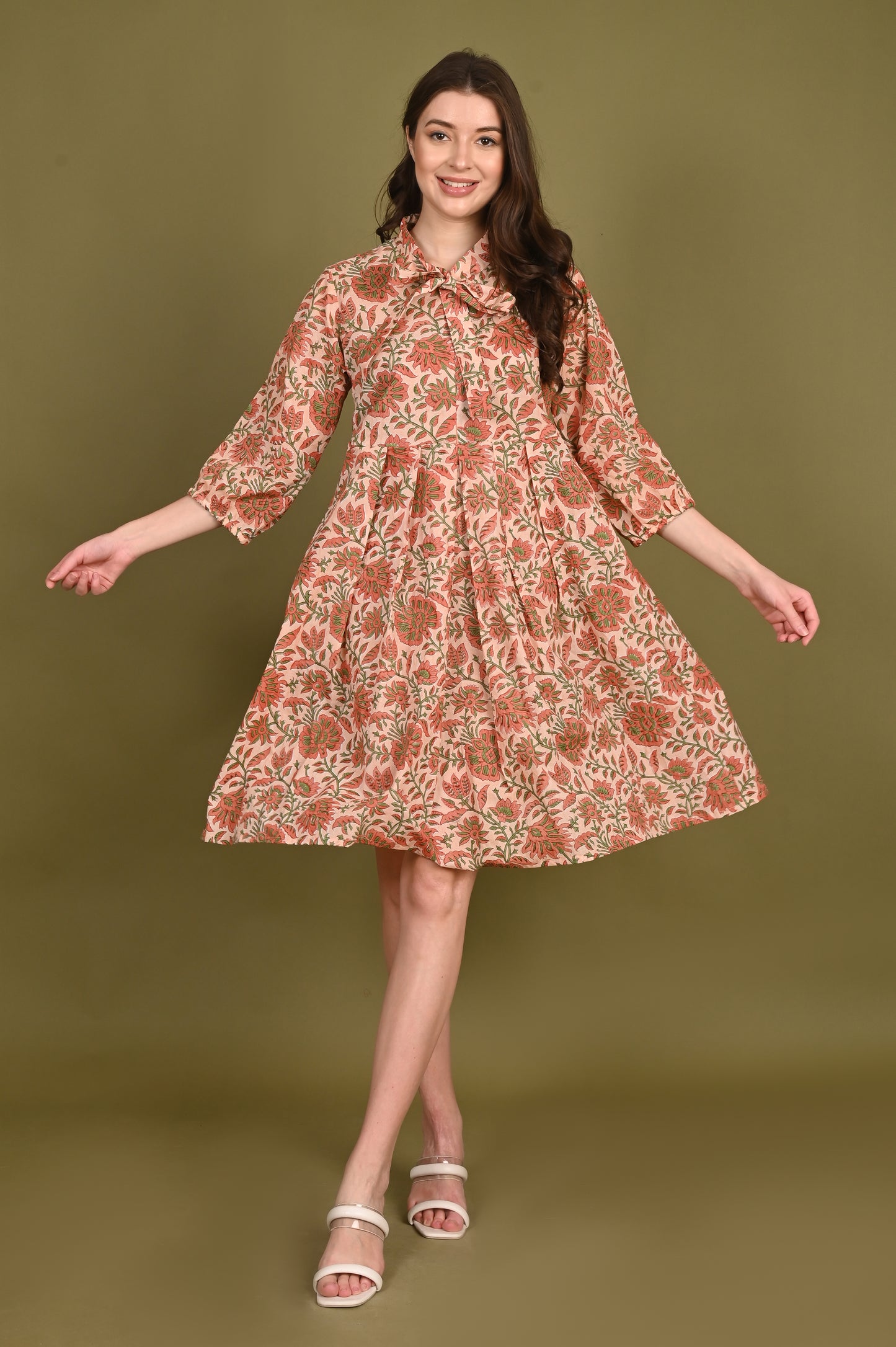 Peach Floral Handblock Print Mulmul Dress