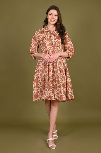 Peach Floral Handblock Print Mulmul Dress