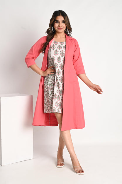 Pink Overcoat with Handblock Printed Top