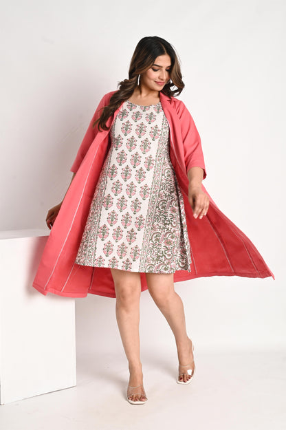 Pink Overcoat with Handblock Printed Top