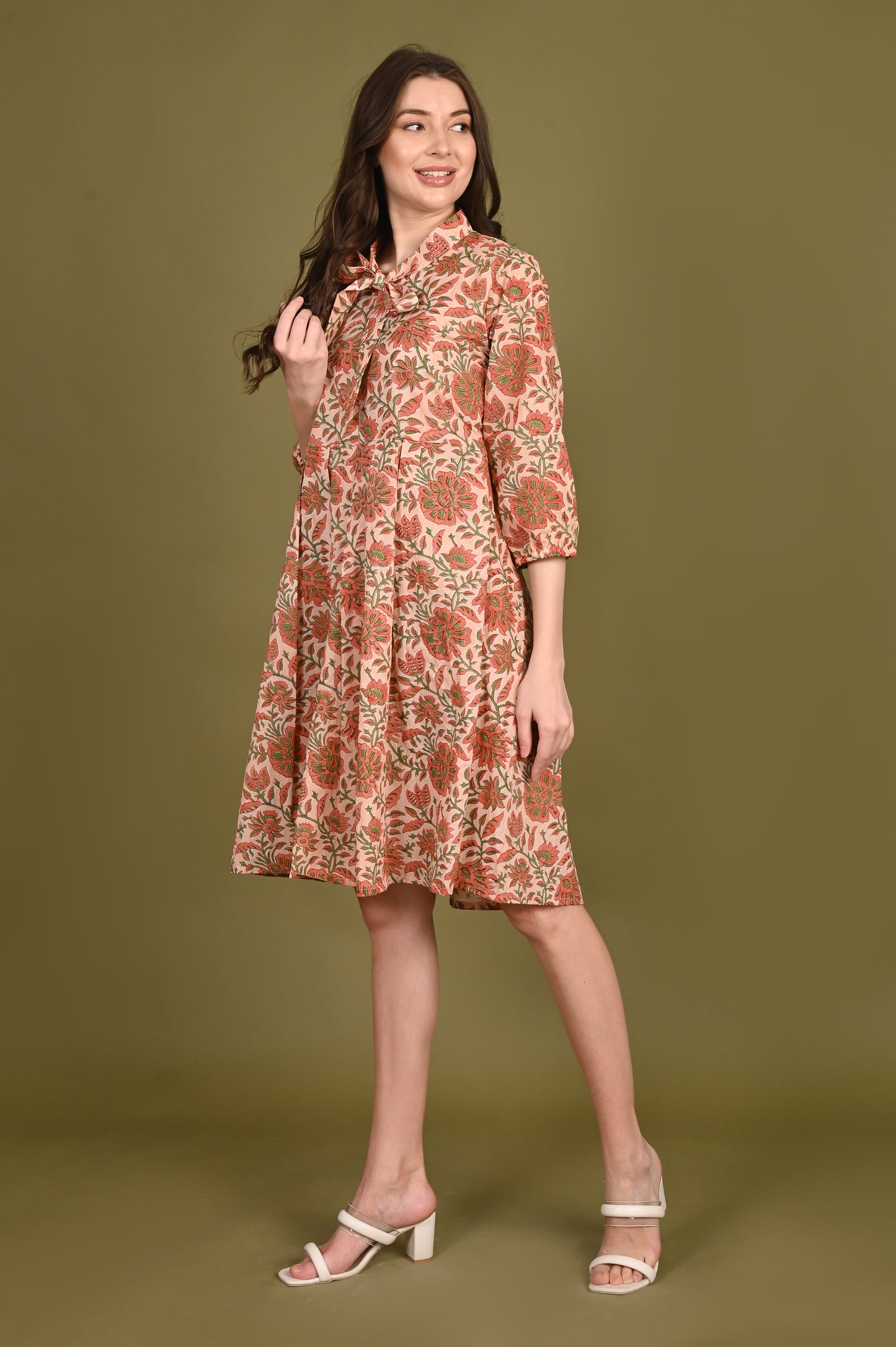 Peach Floral Handblock Print Mulmul Dress