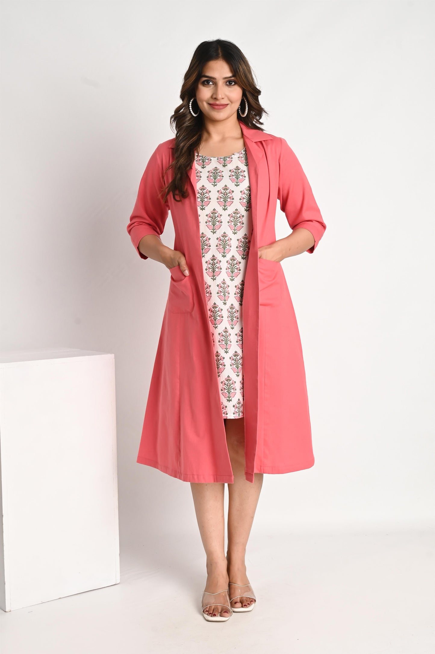 Pink Overcoat with Handblock Printed Top