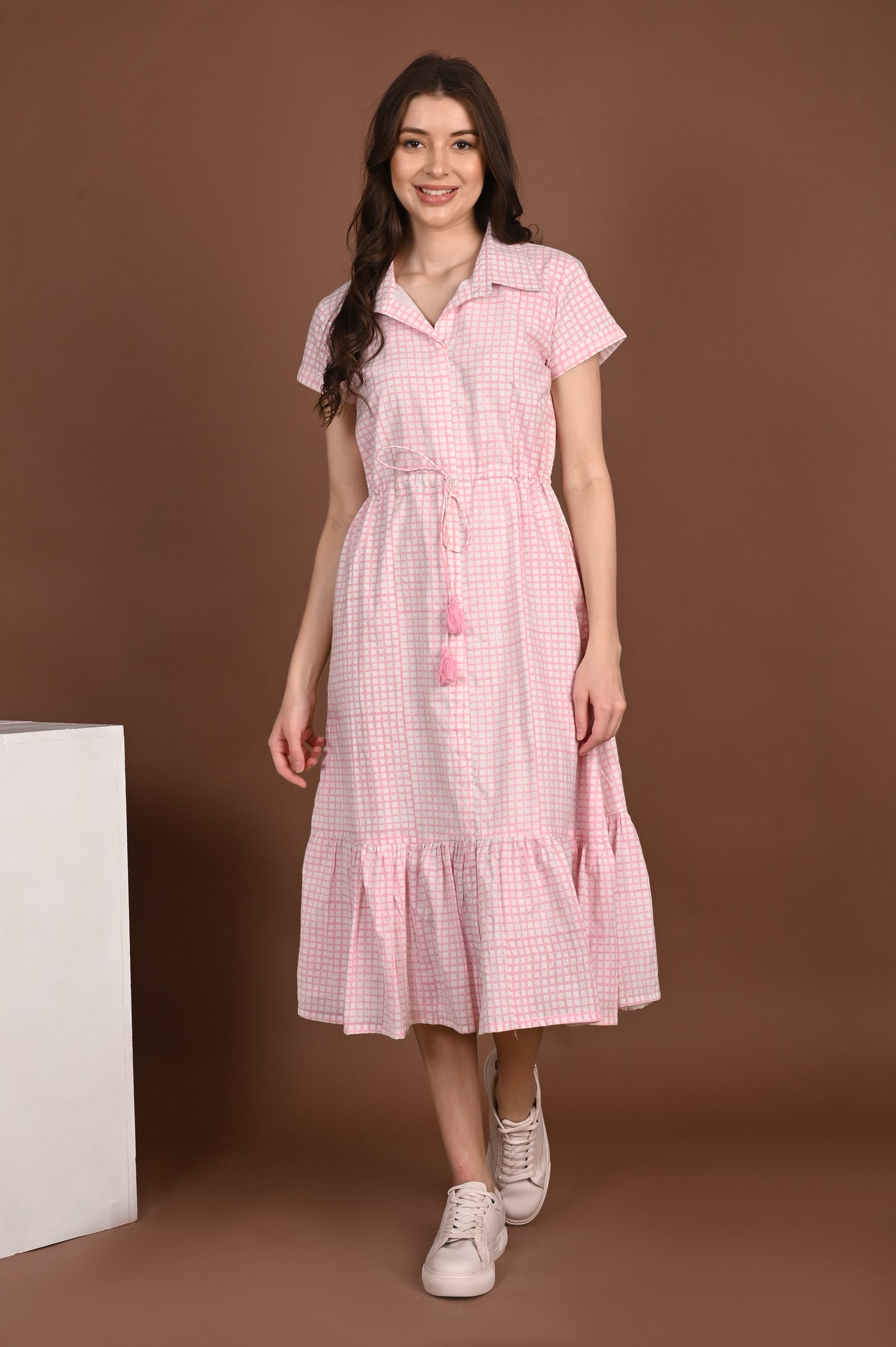 Pink Handblock Printed Pure Organic Mulmul Dress