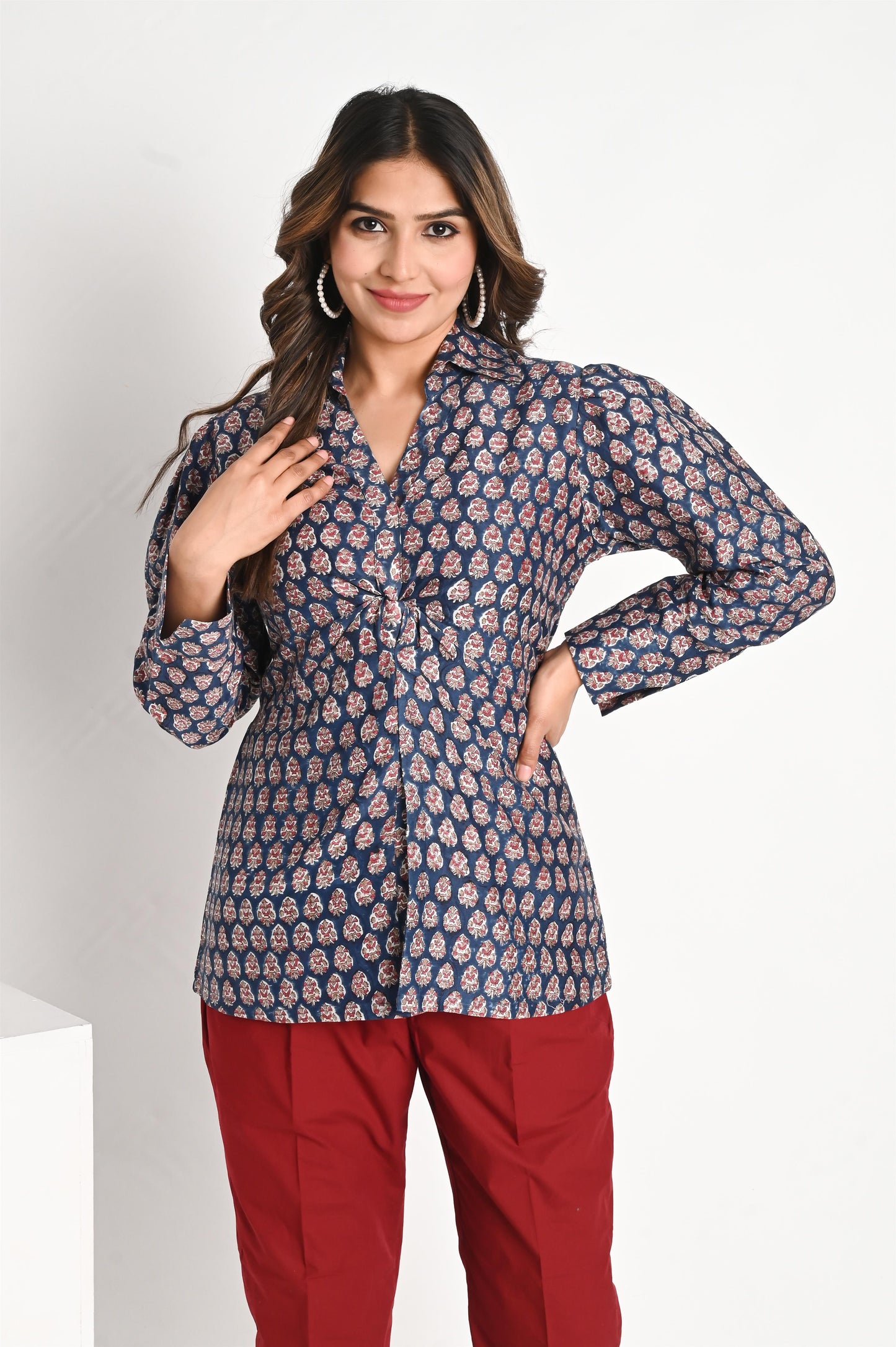 Indigo Handblock Printed Small Buti Chanderi Coat Top with Maroon Pant