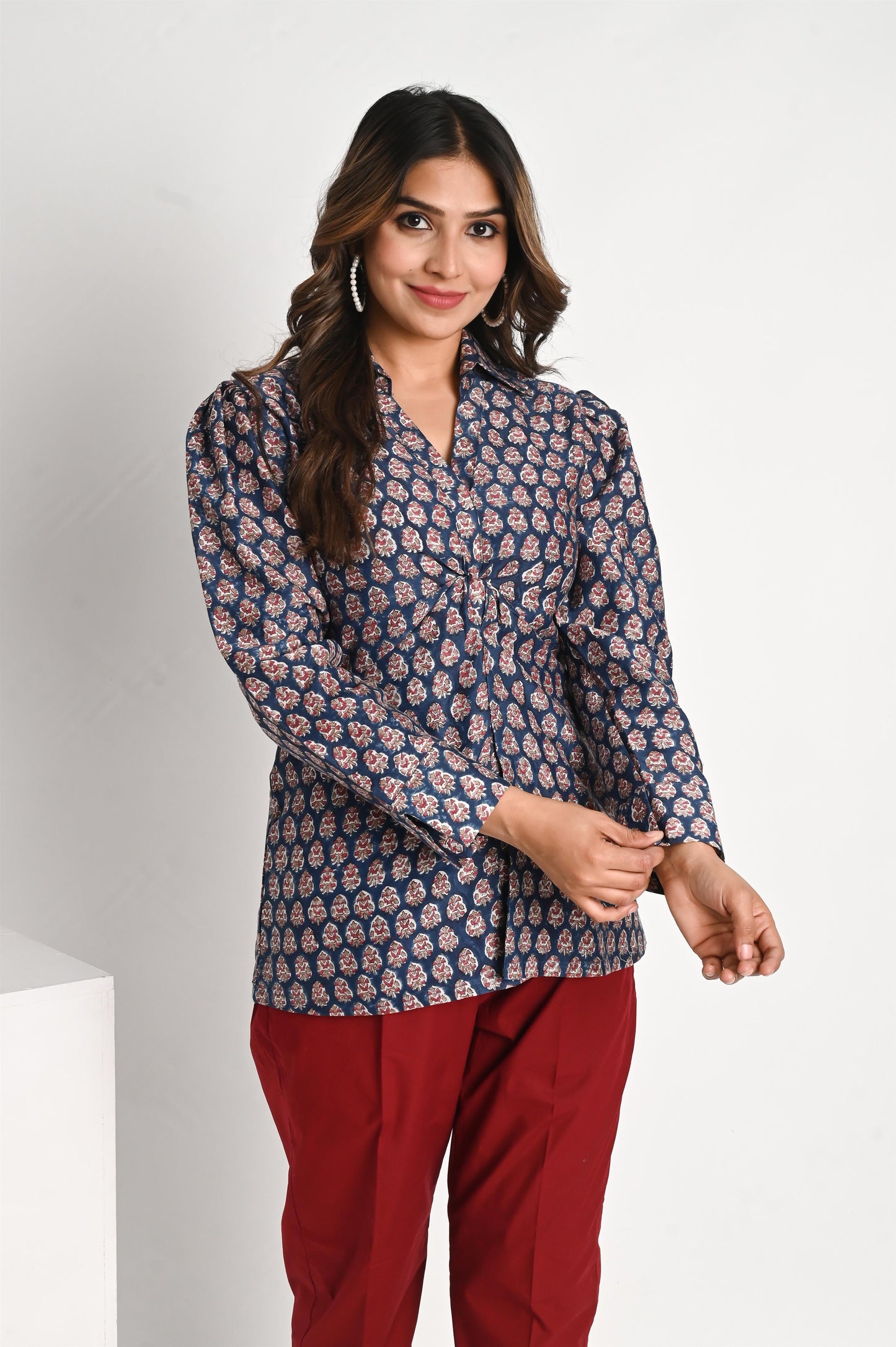 Indigo Handblock Printed Small Buti Chanderi Coat Top with Maroon Pant