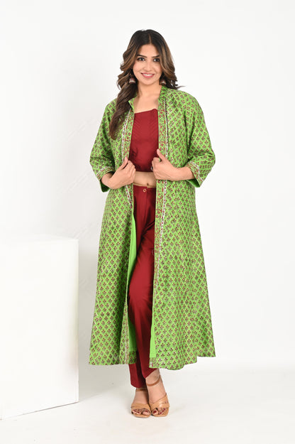 Green Small Buti Chanderi Handblock Printed Kali Jacket with Maroon Top and Pant