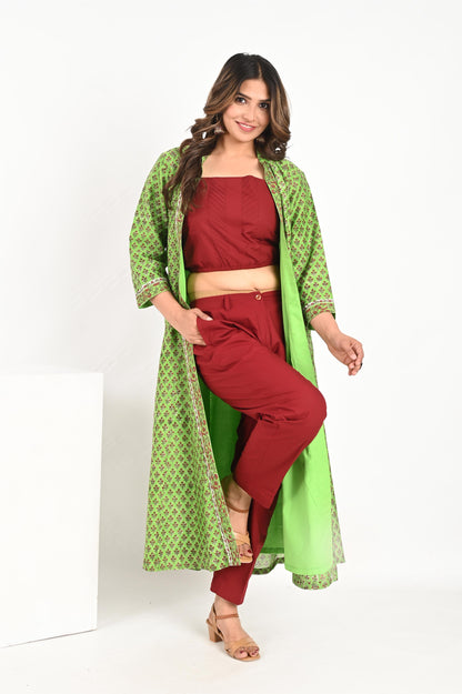 Green Small Buti Chanderi Handblock Printed Kali Jacket with Maroon Top and Pant