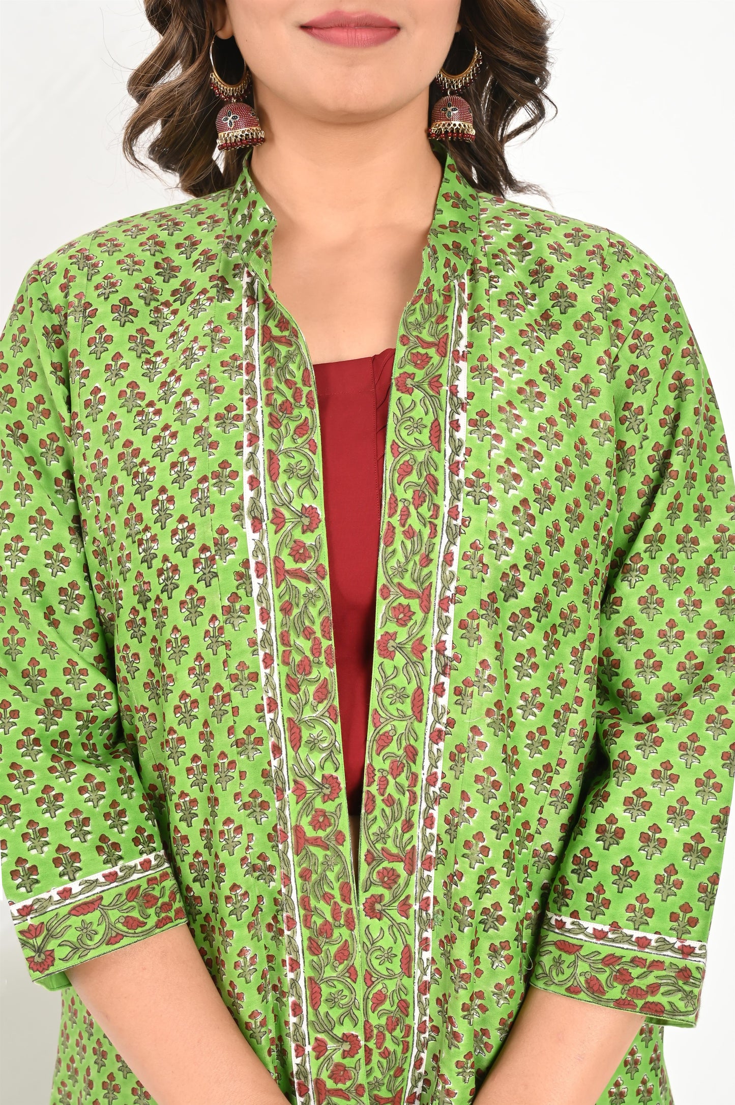 Green Small Buti Chanderi Handblock Printed Kali Jacket with Maroon Top and Pant