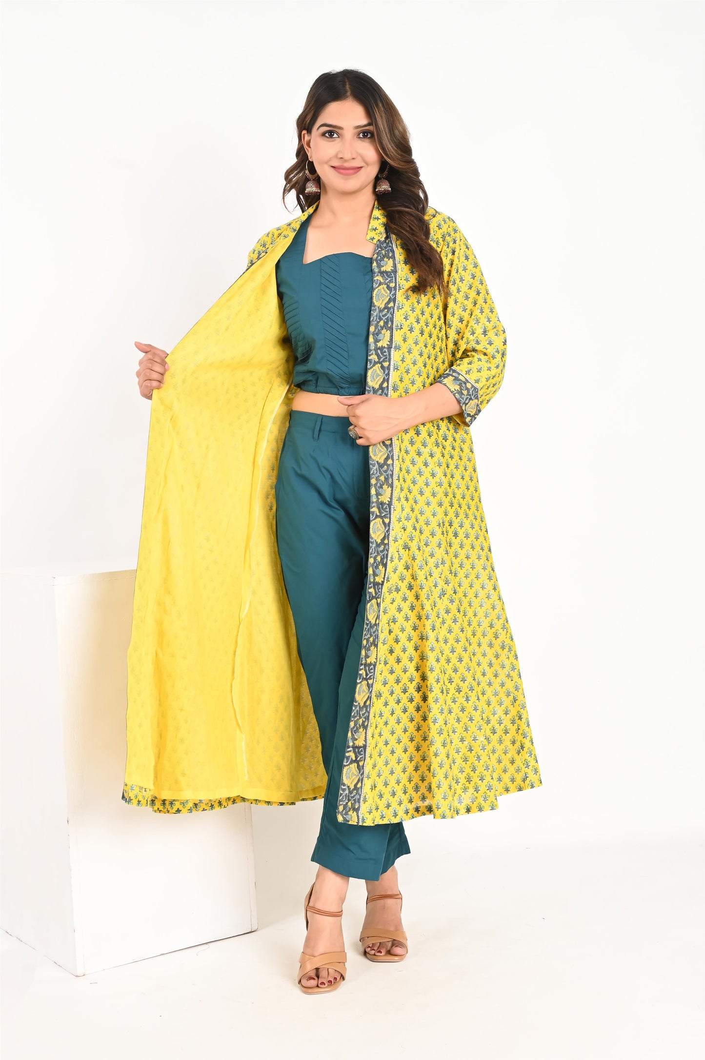 Yellow Small Buti Handblock Printed Chanderi Kali Jacket with Cotton Top and Pant