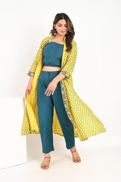 Yellow Small Buti Handblock Printed Chanderi Kali Jacket with Cotton Top and Pant