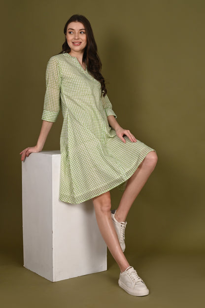 Green Handblock Print Organic Mulmul Dress