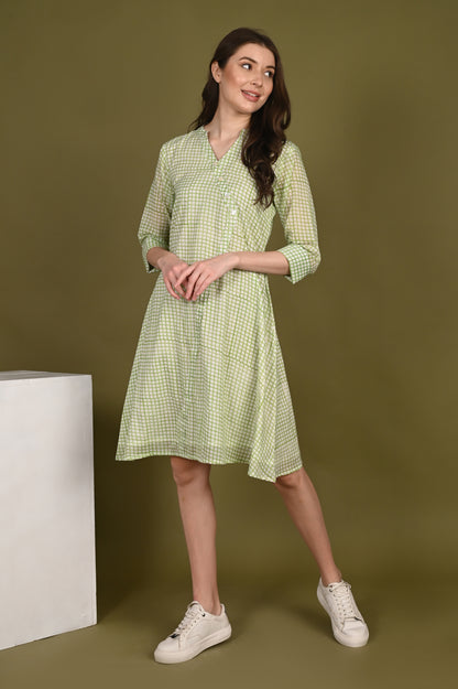 Green Handblock Print Organic Mulmul Dress