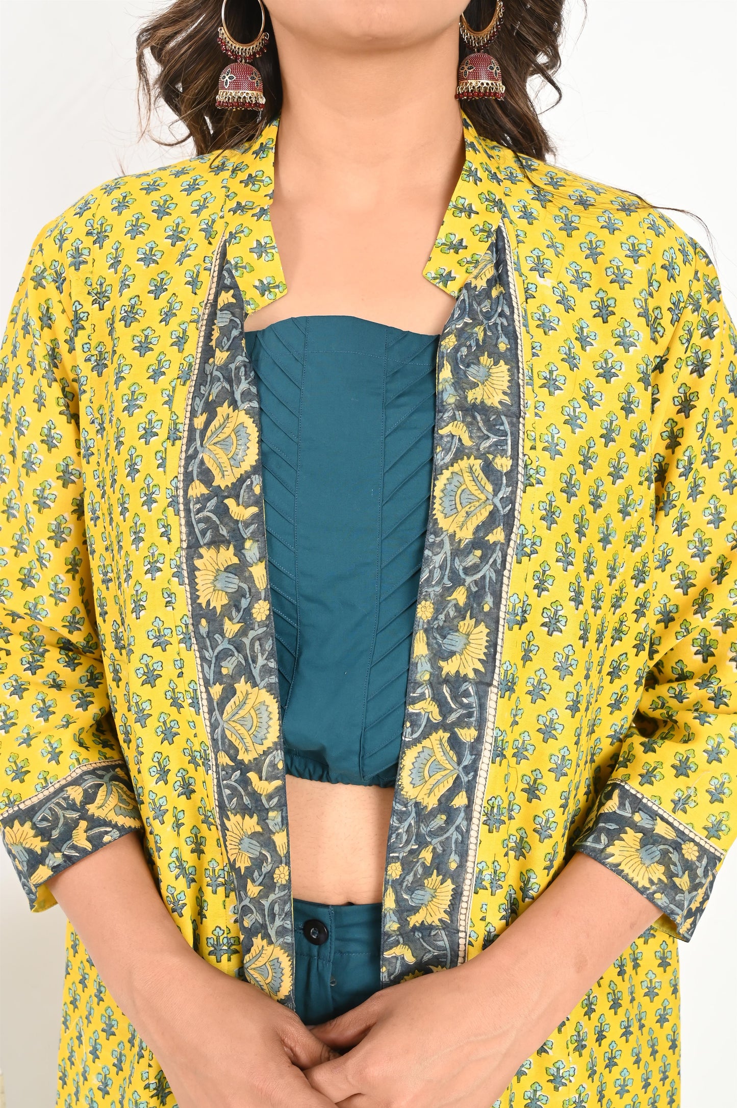 Yellow Small Buti Handblock Printed Chanderi Kali Jacket with Cotton Top and Pant