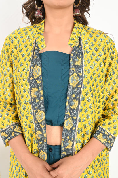 Yellow Small Buti Handblock Printed Chanderi Kali Jacket with Cotton Top and Pant