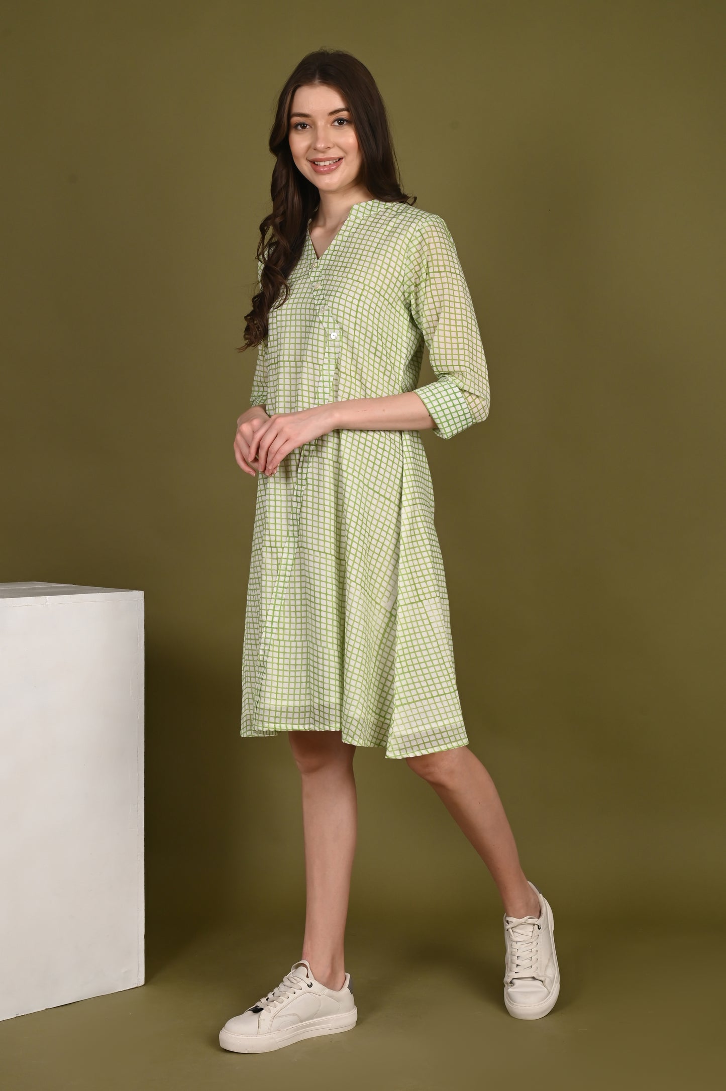 Green Handblock Print Organic Mulmul Dress