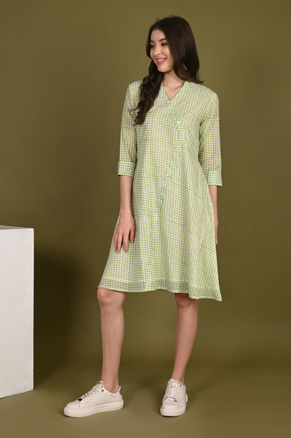 Green Handblock Print Organic Mulmul Dress