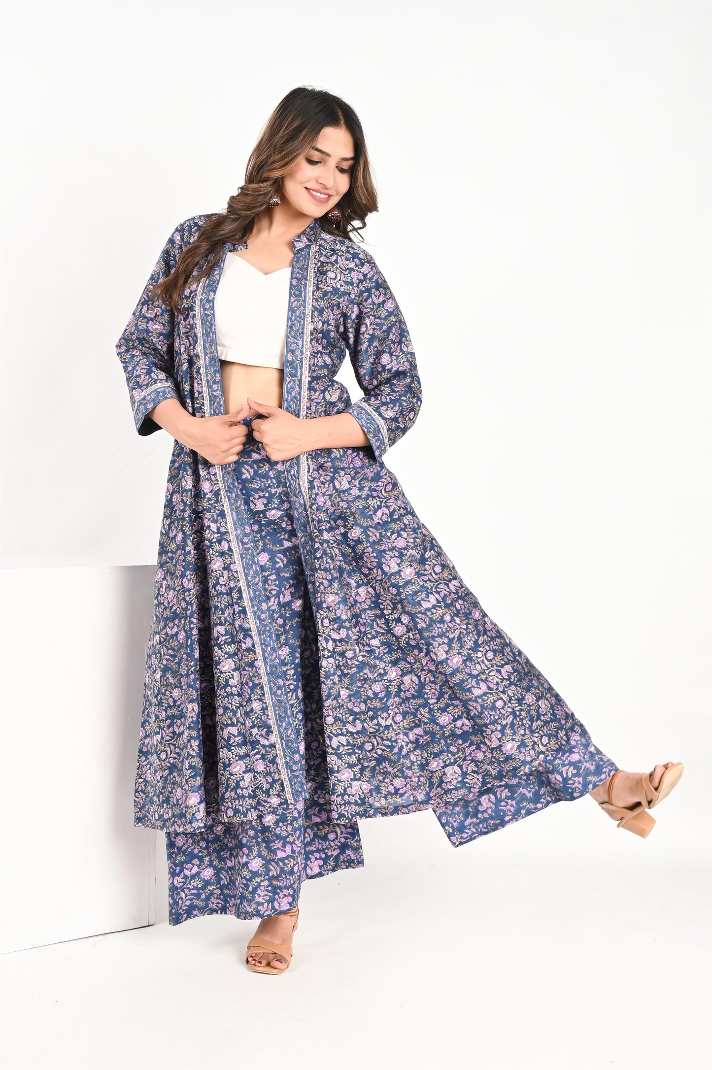 Navy Blue Floral Handblock Printed Premium Chanderi Kali Jacket with Cotton Palazzo