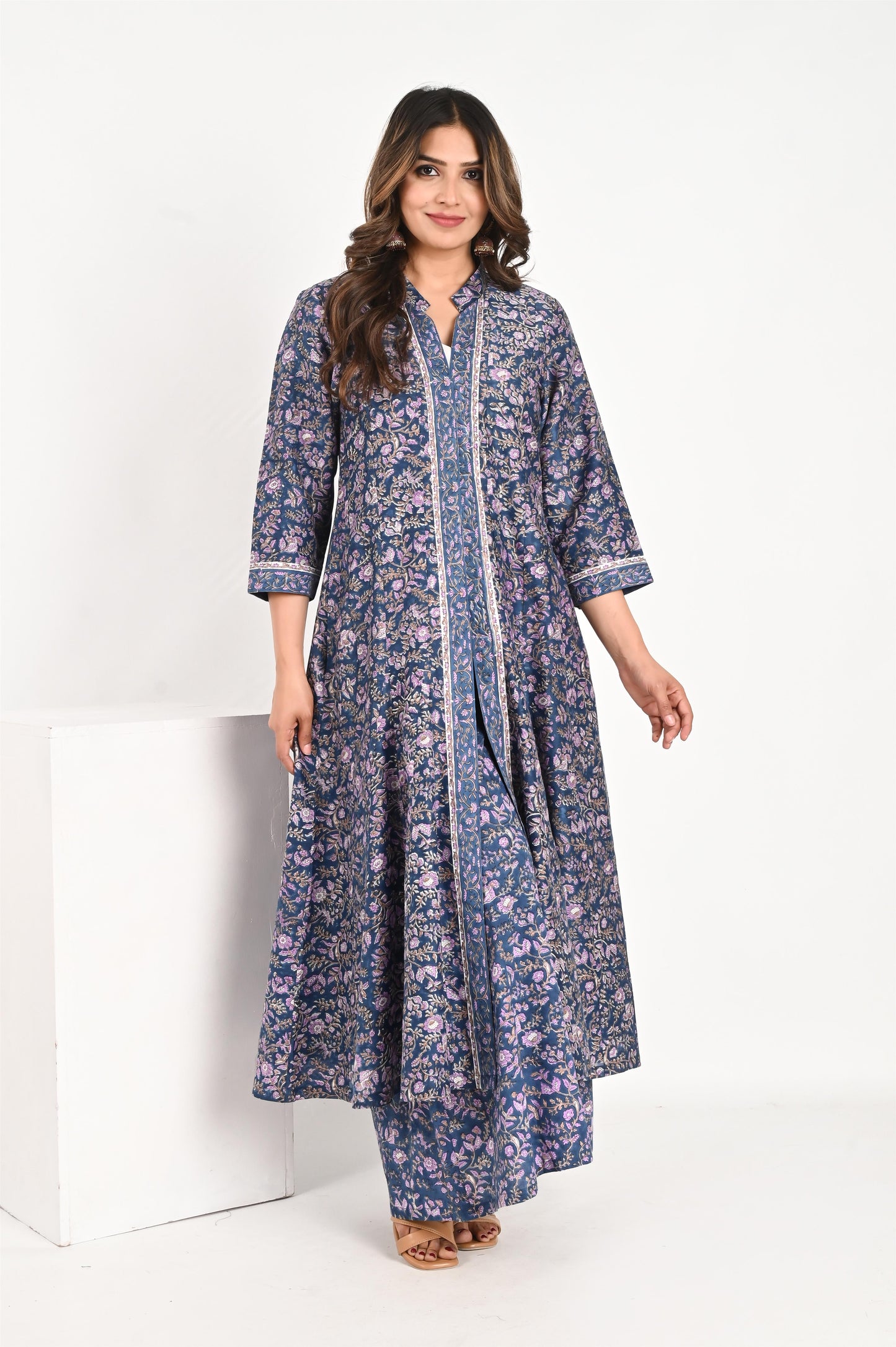 Navy Blue Floral Handblock Printed Premium Chanderi Kali Jacket with Cotton Palazzo