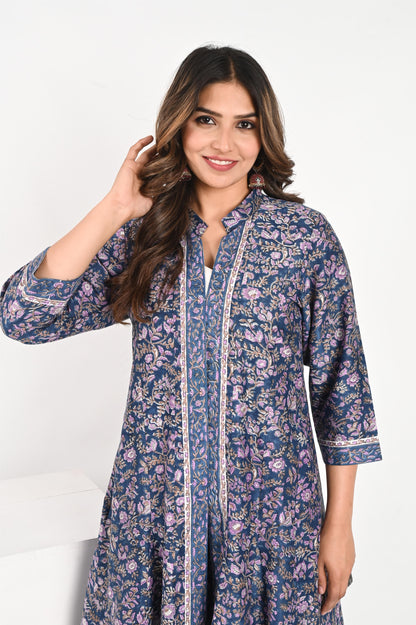 Navy Blue Floral Handblock Printed Premium Chanderi Kali Jacket with Cotton Palazzo