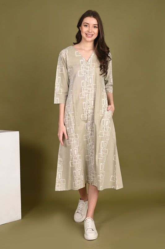 Luxury Cotton Beige Handblock Printed Dress