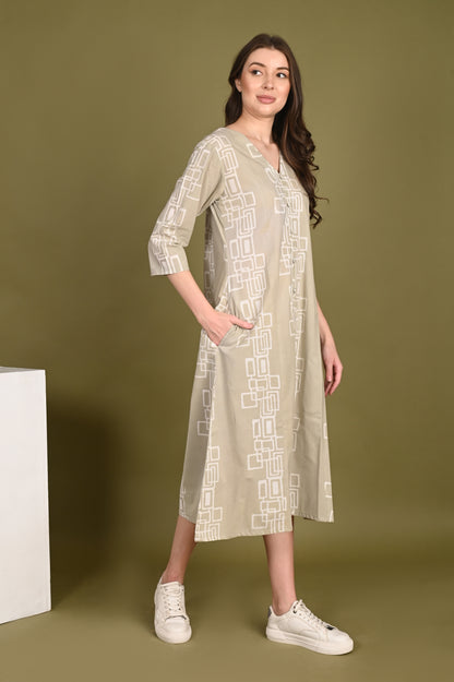 Luxury Cotton Beige Handblock Printed Dress