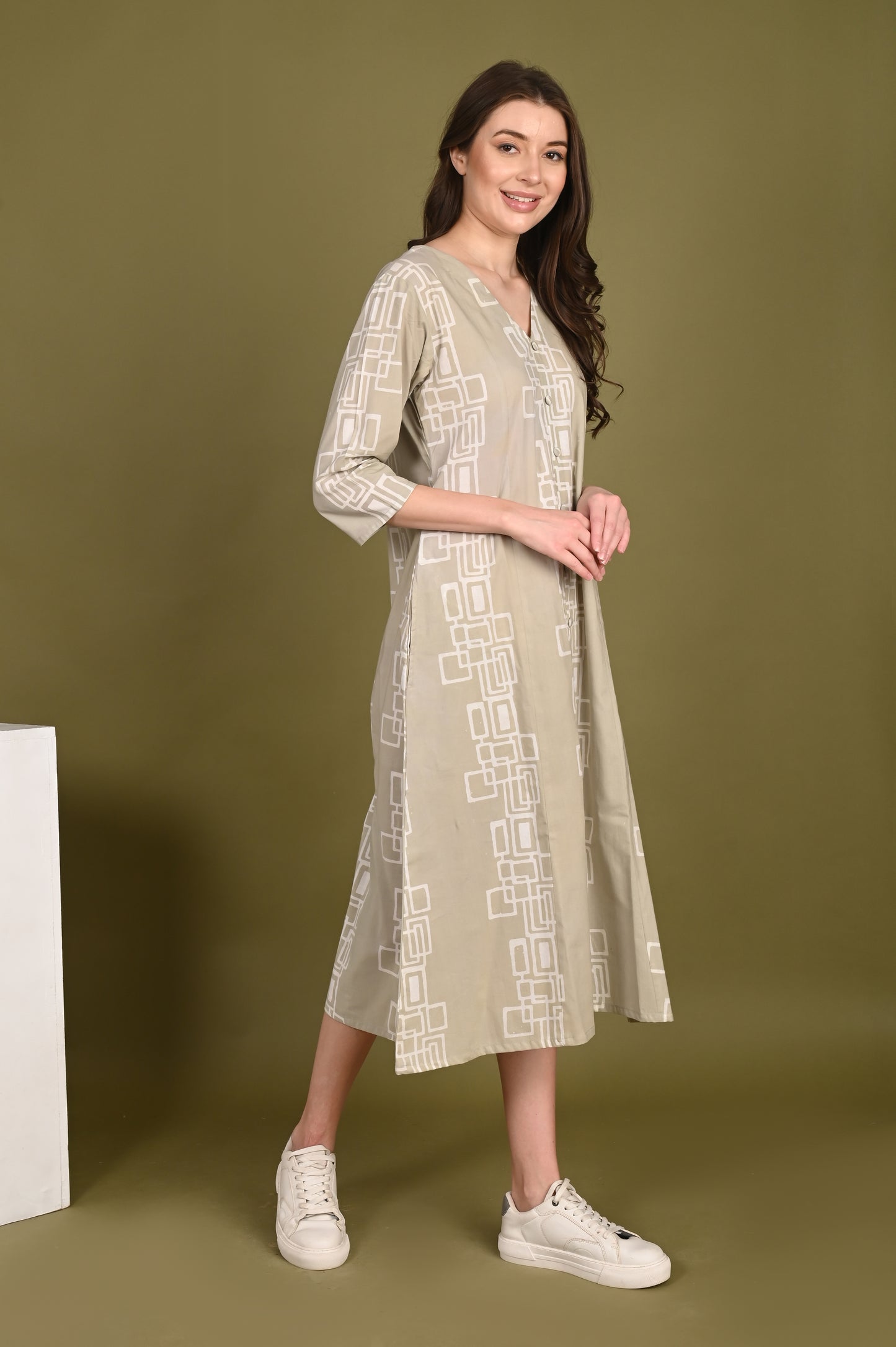 Luxury Cotton Beige Handblock Printed Dress