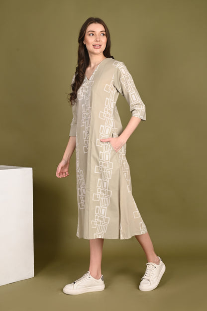 Luxury Cotton Beige Handblock Printed Dress