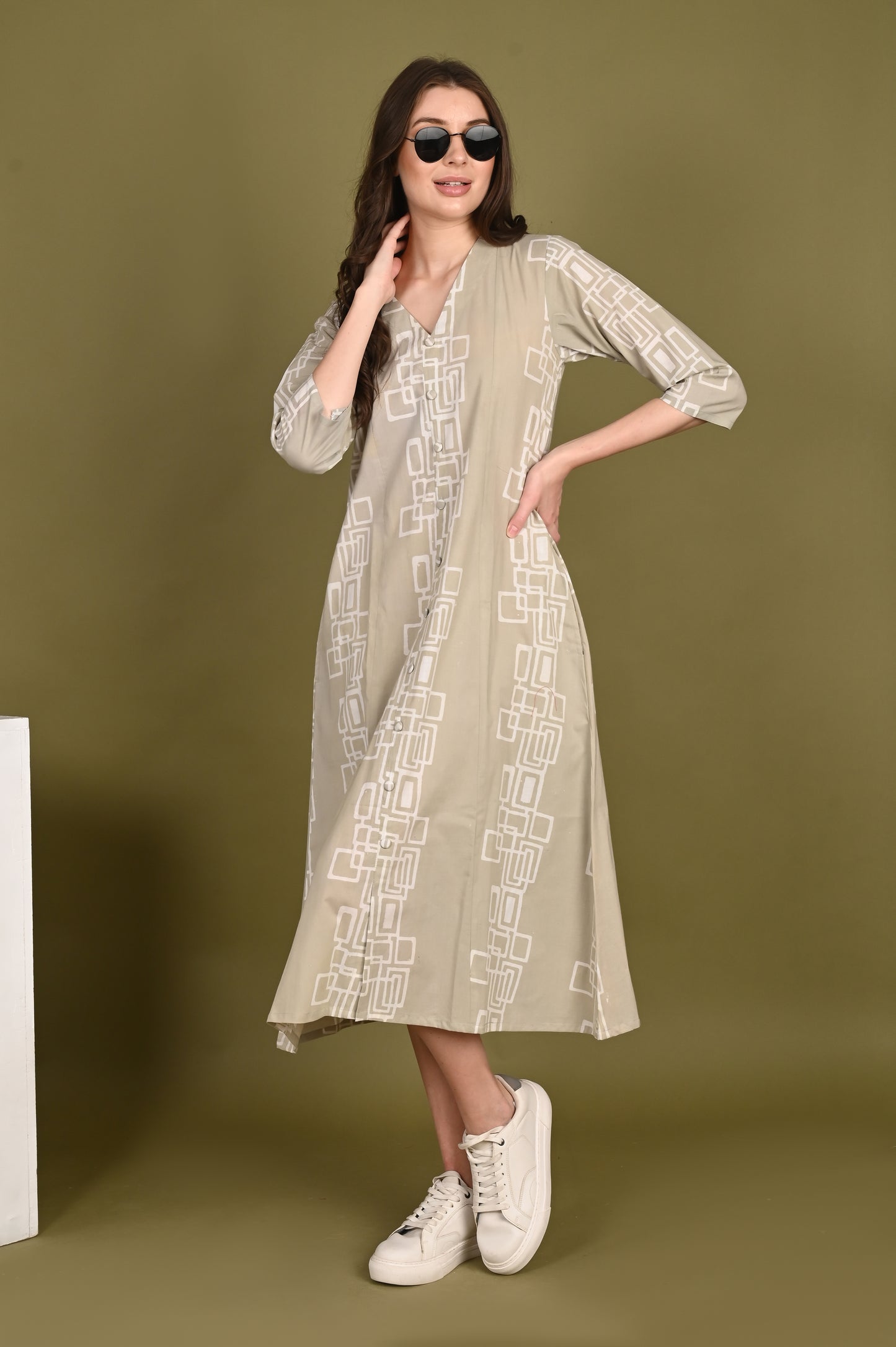 Luxury Cotton Beige Handblock Printed Dress