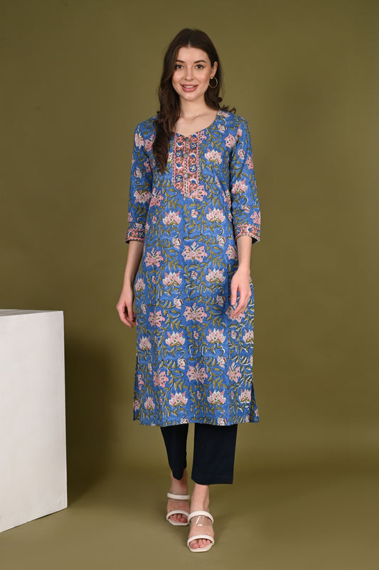 Blue premium cotton handblock Printed Suit Set