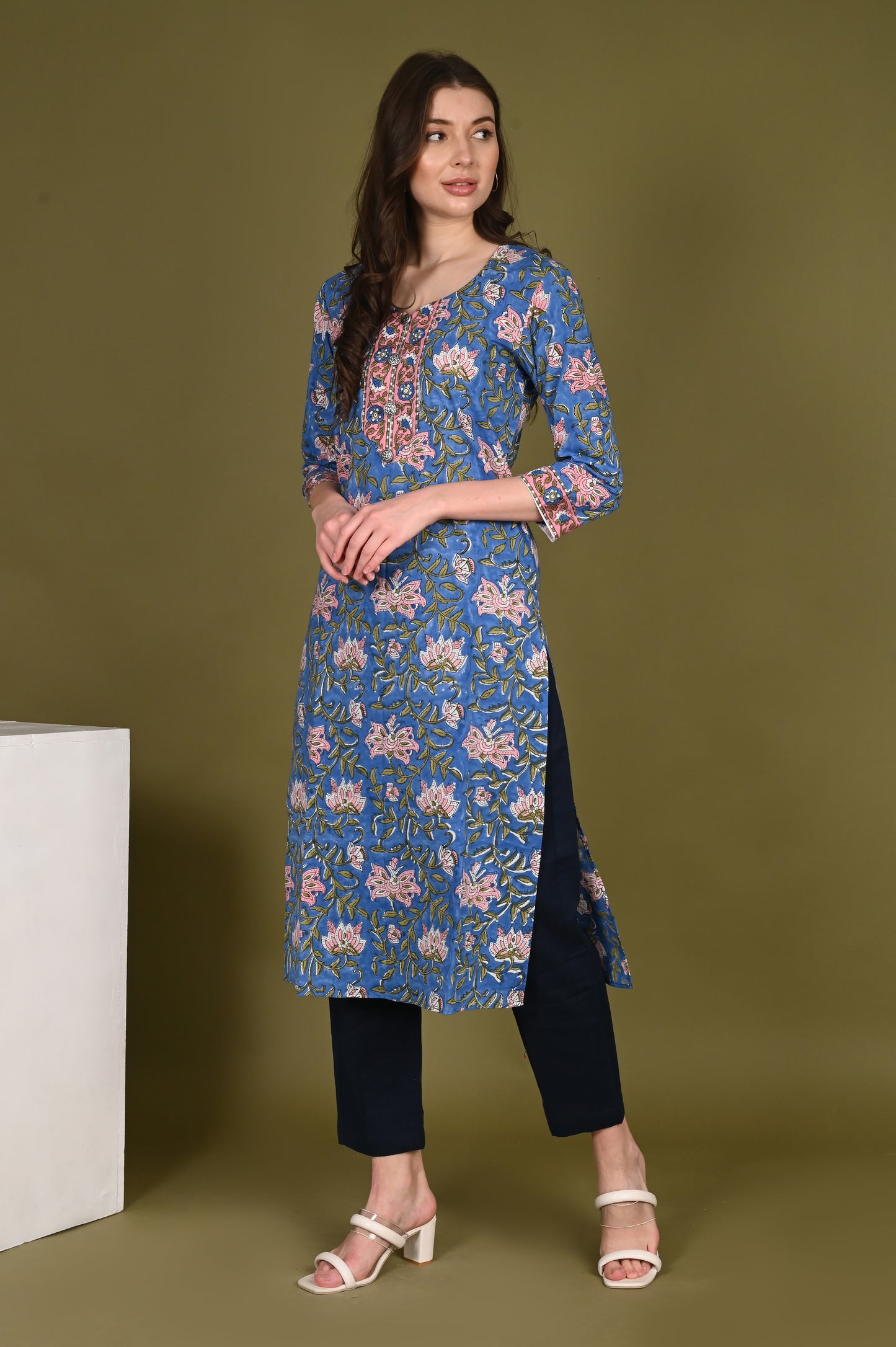 Blue premium cotton handblock Printed Suit Set