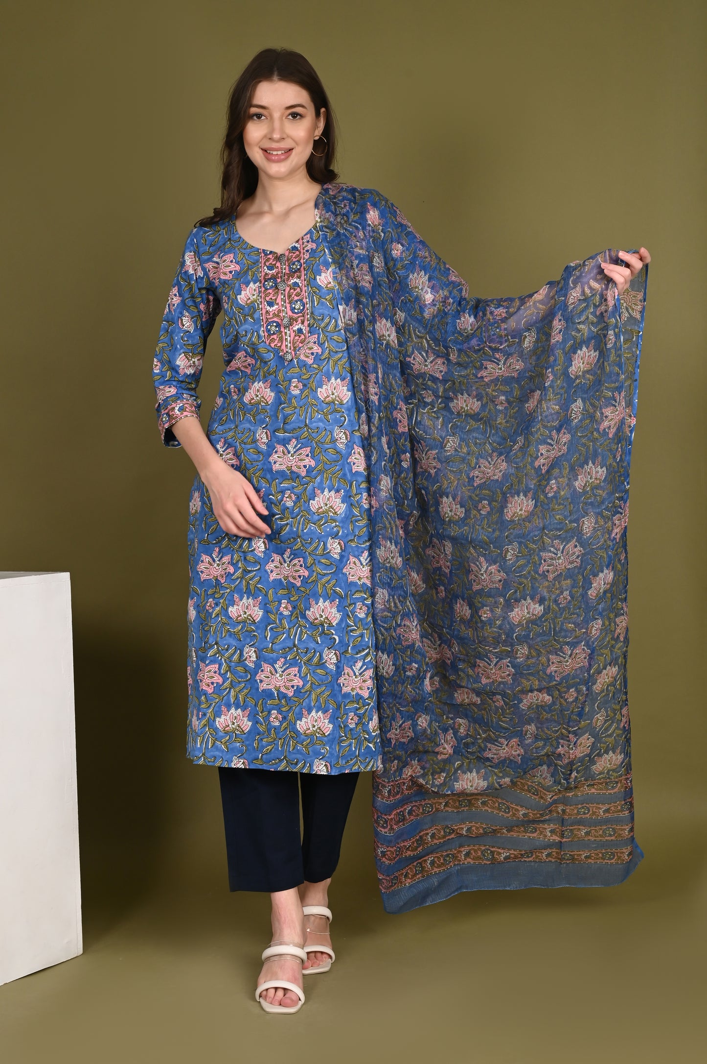 Blue premium cotton handblock Printed Suit Set