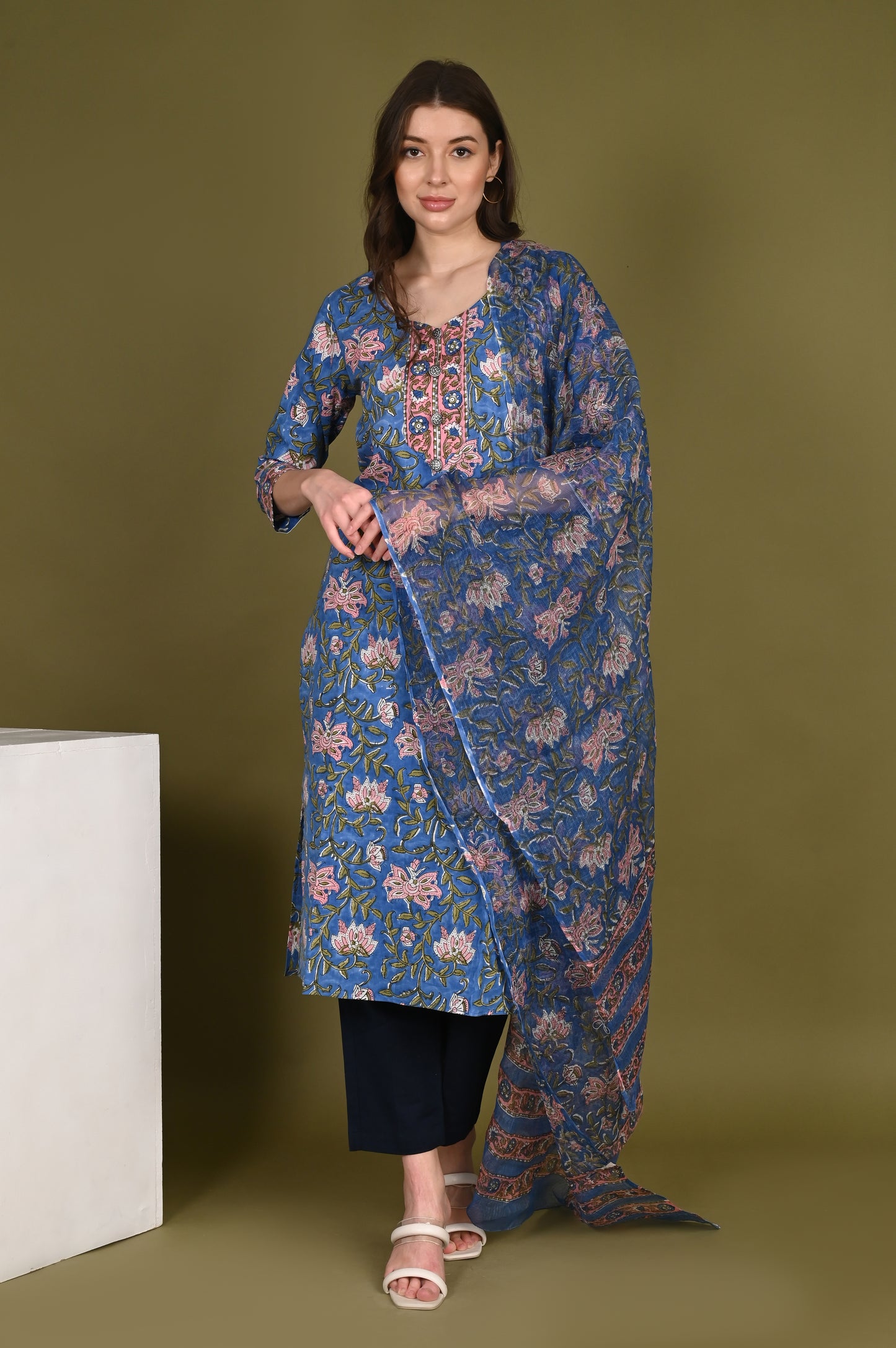 Blue premium cotton handblock Printed Suit Set