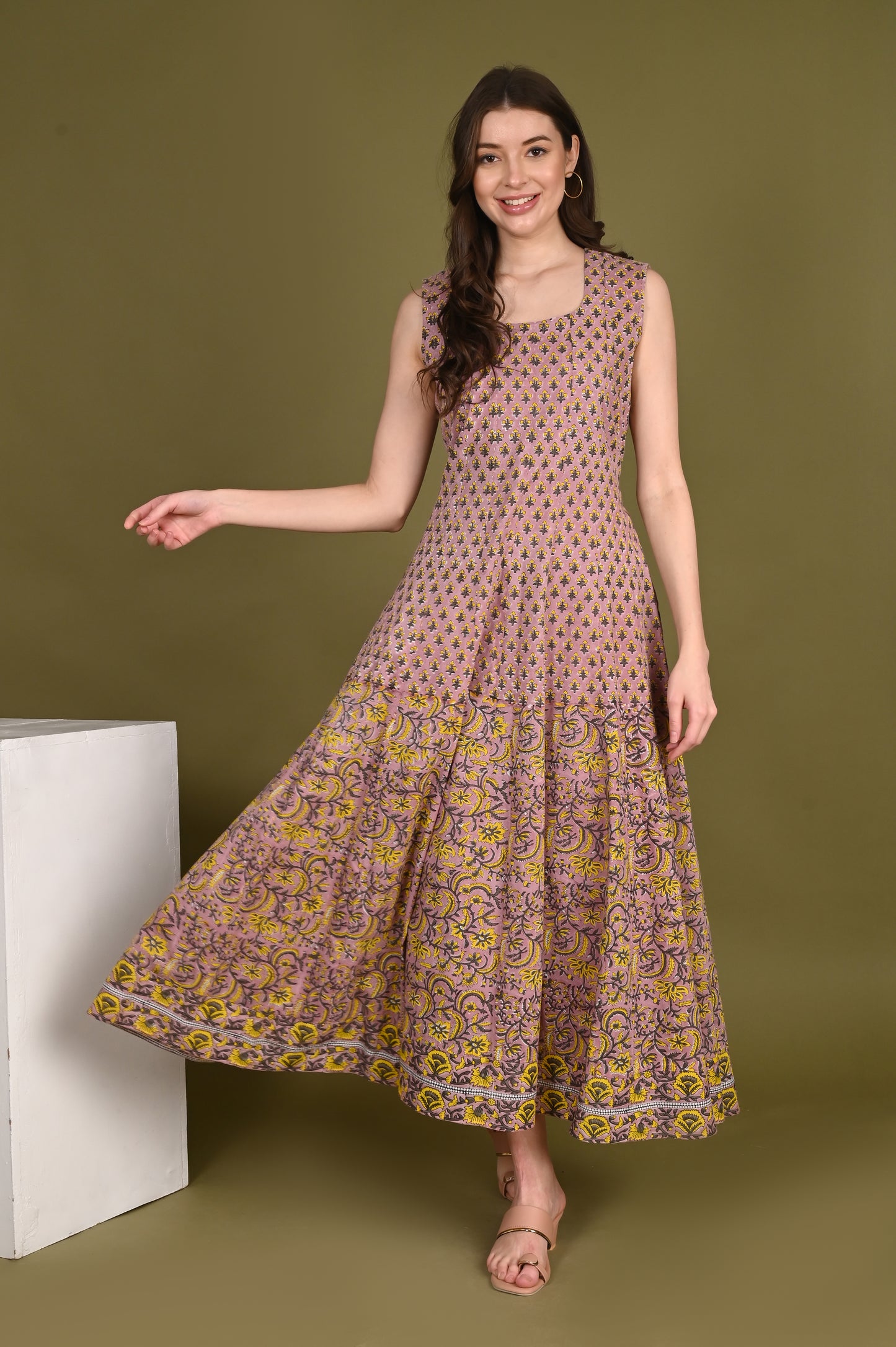 Peach handblock Printed Organic Viscose Gown