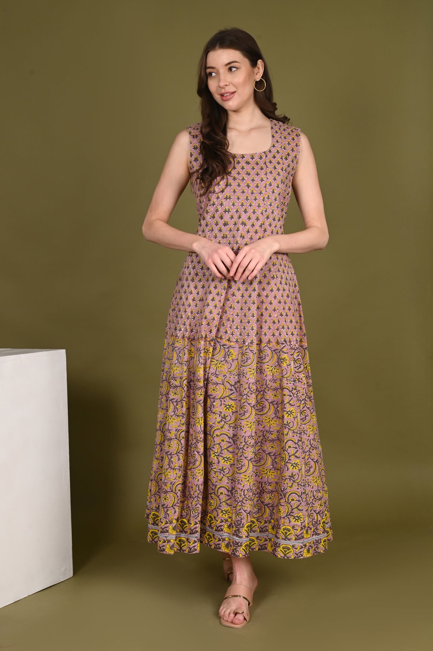 Peach handblock Printed Organic Viscose Gown