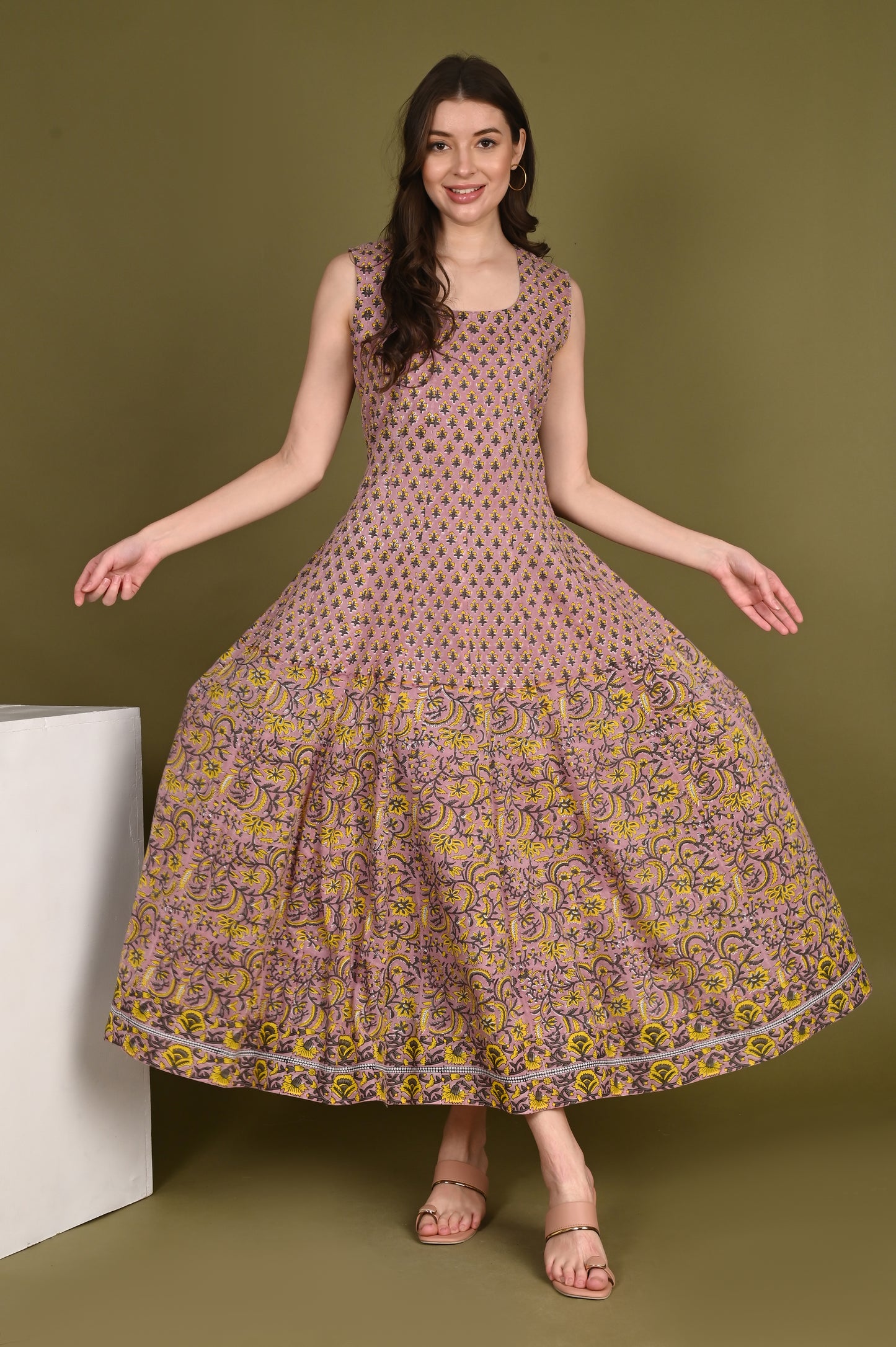 Peach handblock Printed Organic Viscose Gown