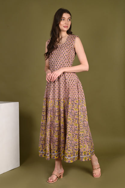 Peach handblock Printed Organic Viscose Gown