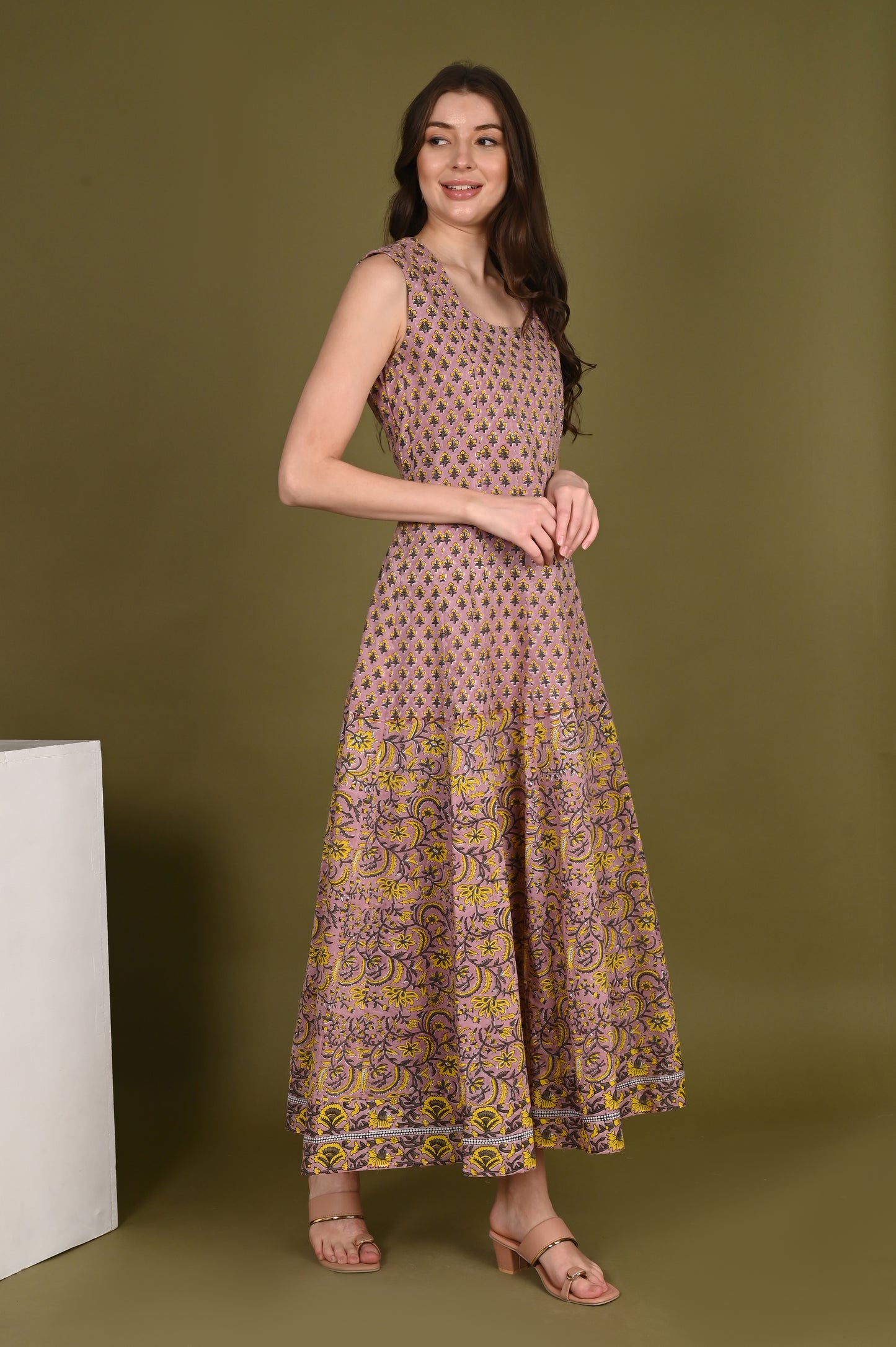 Peach handblock Printed Organic Viscose Gown