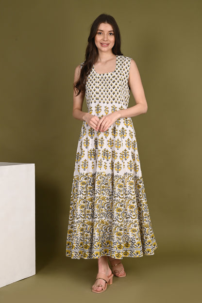 Yellow floral handblock printed Organic Viscose Gown