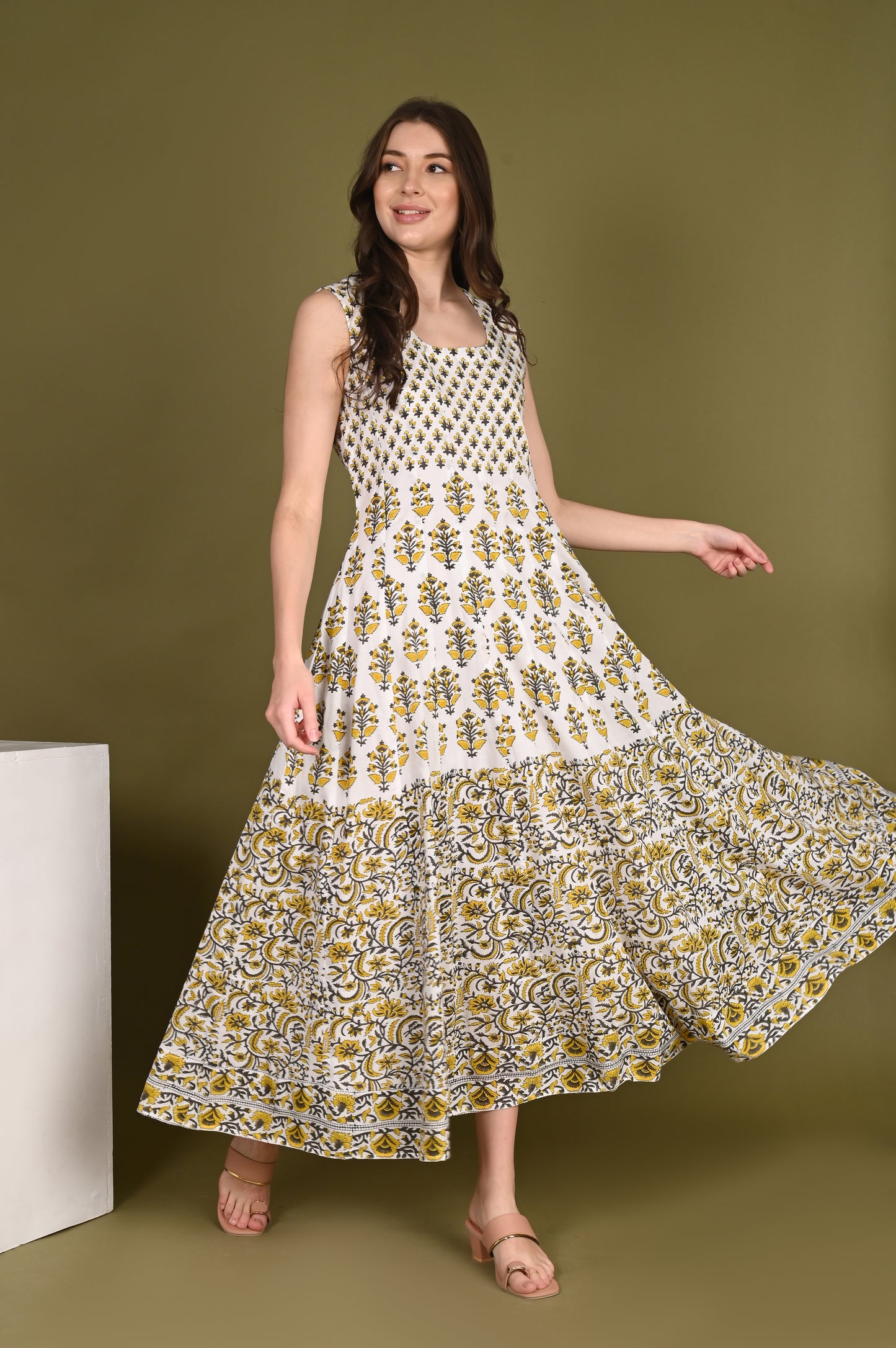 Yellow floral handblock printed Organic Viscose Gown